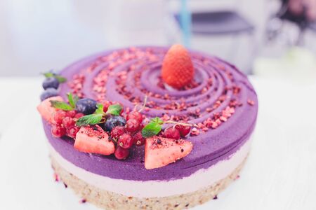 Delicious cake on white table close-up selective focus.の写真素材