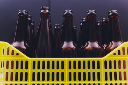 Dusty vintage yellow beer crate with empty brown beer bottles on white backgroundの写真素材