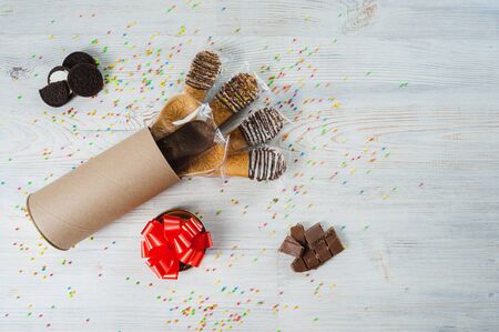edible cutlery spoon. waffle cookies dessert close-up.の写真素材