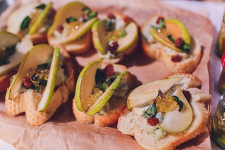 Fresh Assorted snacks of canape on the tableの写真素材