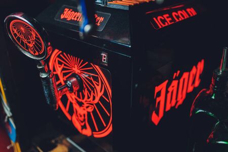 Ufa, Russia, HARATS PUB, 15 November, 2018: Jagermeister alcohol drinks in bar. bartender pours a glass.のeditorial素材