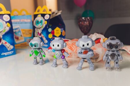 Ufa, Russia, 1 July, 2019: an expanded cheeseburger from McDonalds from a set of Happy Mill. Toy.のeditorial素材