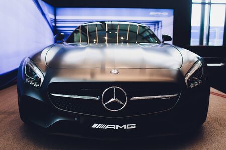 Ufa, Russia - December 23, 2018: Grey sportscar Mercedes-Benz AMG GT.