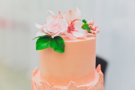 White Cream Icing Cake with Fruits and Chocolateの写真素材