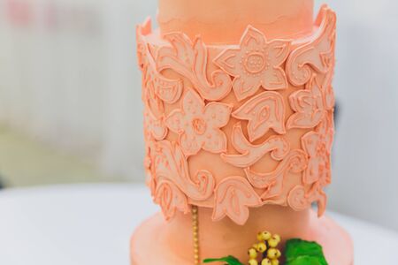 White Cream Icing Cake with Fruits and Chocolateの写真素材