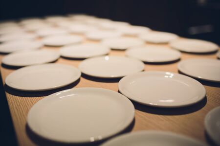 Flat lay composition with ceramic dishware on table.