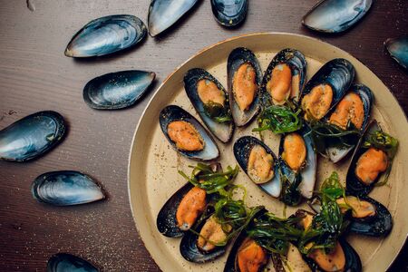 Mussels in the bowl with parsley branchの写真素材