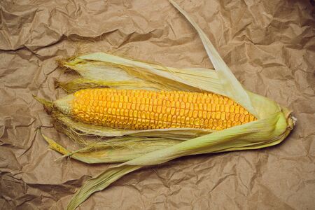 Boiled corn with tops. Yellow agriculture organic vegetarian fresh summer food close up
