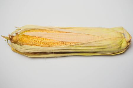 fresh corn vegetable with green leaves isolated on white backgroundの写真素材