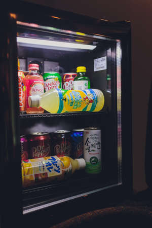 Ufa, Russia, Soda Shop, 3 July, 2019: Grocery store shelf with various brands of soda in cans. Pepsi Co is one of the largest corporations in the non-alcoholic beverage industry.のeditorial素材
