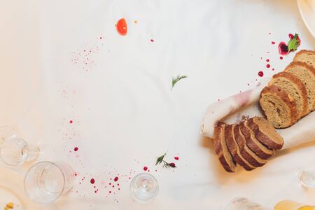 stains from spilled wine on the tableの写真素材