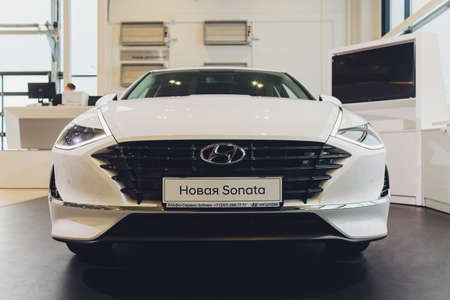 Russia, Ufa - January 21, 2020: New modern Sonata car in the Hyundai showroom. Famous world brand.のeditorial素材