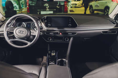 Russia, Ufa - January 21, 2020: New modern Sonata car in the Hyundai showroom. Famous world brand.
