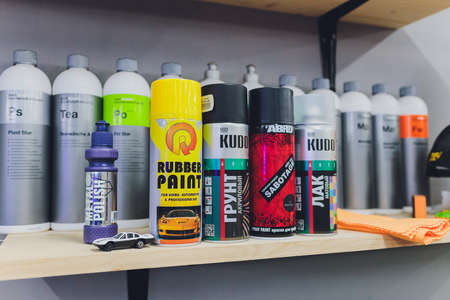 Ufa, Russia, 6 January, 2020: Various type a car care product display for sell on the supermarket shelf with selective focus.のeditorial素材