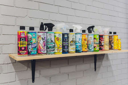 Ufa, Russia, 6 January, 2020: Various type a car care product display for sell on the supermarket shelf with selective focus.のeditorial素材