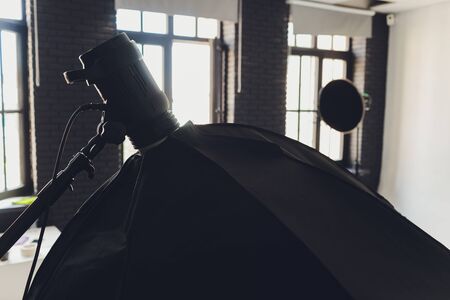 Large photostudio with lighting equipment close-up soft box.の写真素材