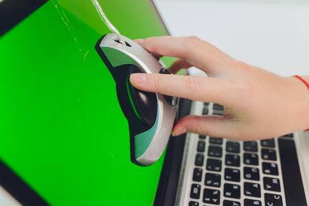 photographer monitor with Display Calibration in the office, tools for calibrating colors.の写真素材