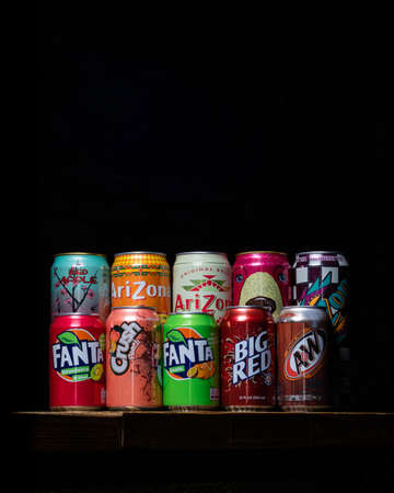 Ufa, Russia, Vape Shop, 3 July, 2019: A variety brands of soft drink beverages, are placed on shelves display in the grocery store.のeditorial素材