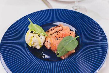 Homemade Swedish gravlax with beetroot salad and horseradish dip.の写真素材