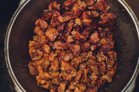 Shish kebab. Pork or lamb meat pieces being fried on a charcoal grill.の写真素材