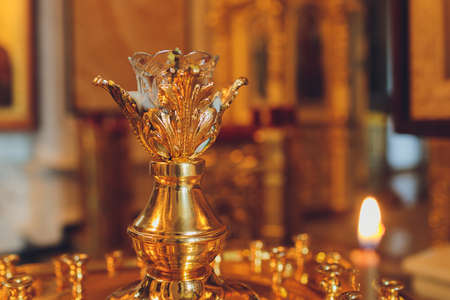 Orthodox or Christian Church inside with beautiful candles and interior.の写真素材