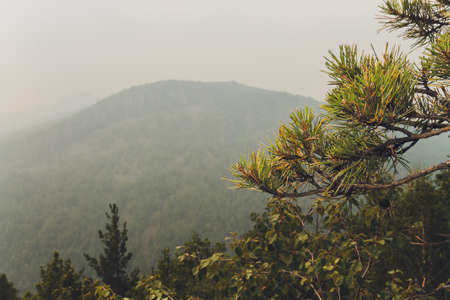 Rocks of Aigir in the smoke of a forest fire. Bashkortostan.の写真素材