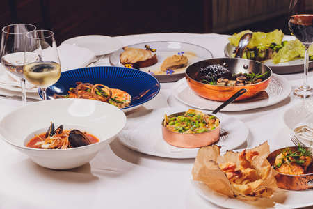 spanish tapas and sangria on wooden table, top view.の写真素材