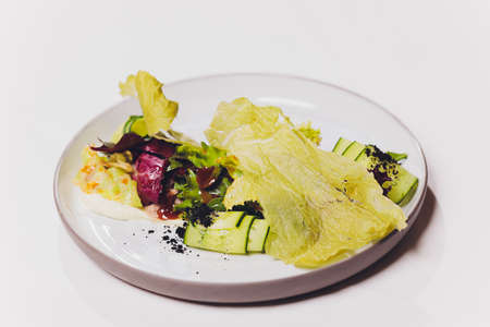 Nicoise salad with cod liver. View from above.の写真素材