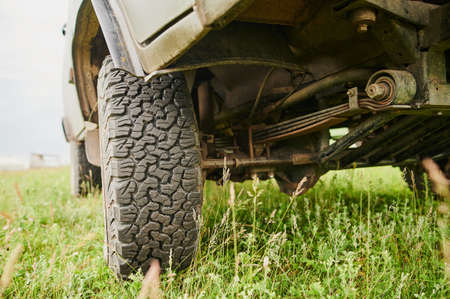 Cars wheels in mud in the forest, off-road.の写真素材