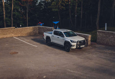 Ufa, Russia, 3 June, 2020: Toyota Hilux SUV, truck in white color. on the street road 3 June, 2020