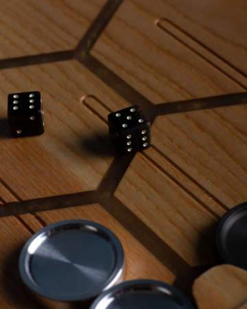 Color detail of a Backgammon game with two dice close up.の写真素材