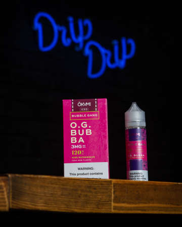 Ufa, Russia, Vape Shop, 3 July, 2019: E-liquid e-juice High vape for electronic cigarette vaping...