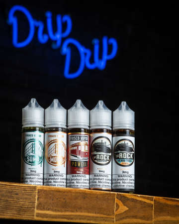 Ufa, Russia, Vape Shop, 3 July, 2019: E-liquid e-juice High vape for electronic cigarette vaping...