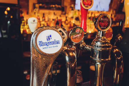 Ufa, Russia, 15 June, 2020: branded beer dispenser at the bar.のeditorial素材