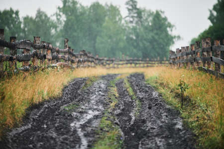 road wet muddy of backcountry countryside in rainy day.