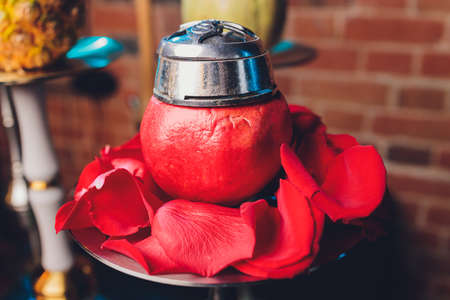 Shisha With Fruit Bowl With Colorful Smoke In Hookah Bar Closeup.