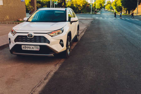 Ufa, Russia, 15 June, 2020: All-new compact crossovers Toyota RAV4 premier at Toyota car standing...