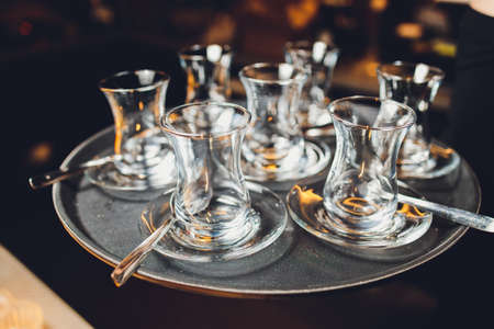 moroccan tea tray, tea pot and glass on tray, Moroccan hospitality.の写真素材