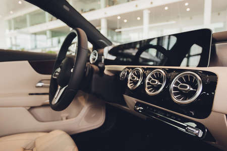 Interior view of car with leather salon.