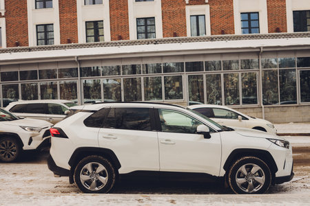 Ufa, Russia, 15 November, 2020: All-new compact crossovers Toyota RAV4 premier at Toyota car winter street.のeditorial素材