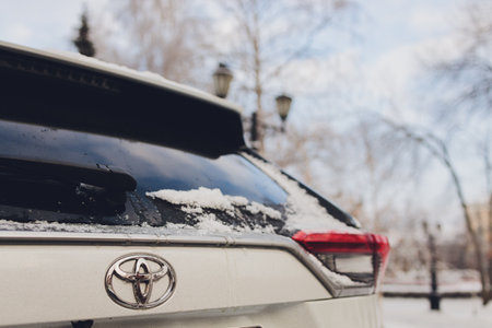 Ufa, Russia, 15 November, 2020: All-new compact crossovers Toyota RAV4 premier at Toyota car winter street.のeditorial素材