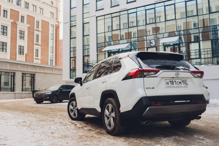 Ufa, Russia, 15 November, 2020: All-new compact crossovers Toyota RAV4 premier at Toyota car winter...