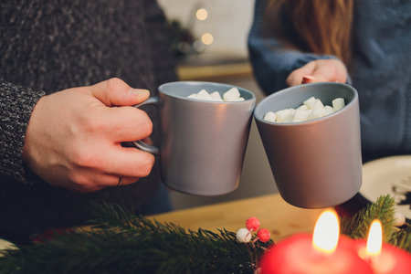 Homemade two Cocoa glasses with Marshmallows. Hot winter drink on wooden Backdrop decorated with cinamon sticks and fir branches.の写真素材