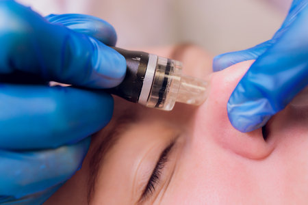 Woman cleaning nose skin pores using vacuum blackhead remover, cosmetic procedure.