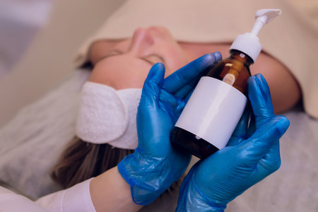 Top view of beautiful young woman getting face skin treatment. Cosmetician is undertaking the procedure applying cream.の写真素材