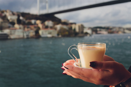 A womans hand is holding a white cup of hot milky beverage with cinnamon called Turkish salep sahlep on the background of rippling water and misty Maiden s Tower in the distance, Istanbul.の写真素材