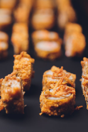 sushi rolls tempura,japanese food style ,Traditional Japanese cuisine, Crunchy Shrimp Tempura Roll.