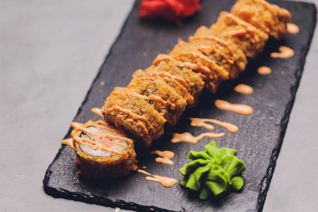 sushi rolls tempura,japanese food style ,Traditional Japanese cuisine, Crunchy Shrimp Tempura Roll.の写真素材