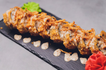 sushi rolls tempura,japanese food style ,Traditional Japanese cuisine, Crunchy Shrimp Tempura Roll.の写真素材