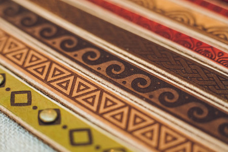 Collection of different patterns of national belarusian hand-plaited sashes. Linen belt with...